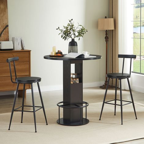 3-teiliges Bar-Tisch- und Hocker-Set 31,5-Zoll-Rundtisch mit zwei Hockern Holz-Esstisch mit ringförmiger Fußstütze aus Metall Geeignet für Esszimmer, Cafés, Bars, Wohnzimmer usw. Schwarz