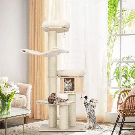 Arbre à Chat en Bois Massif de 174 CM Tour à Chat à 4 Niveaux avec Poteaux de Grattage en Sisal Condo Perchoir en Peluche Hamac Support d'Escalade (1/3)