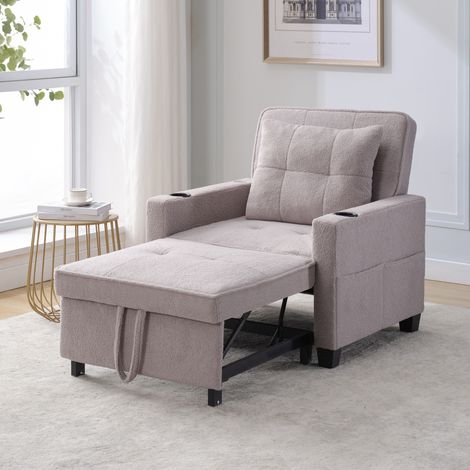 Canapé convertible 1 place gris, structure bois et métal, avec USB et porte-gobelets (1/5)