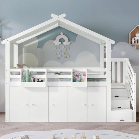 Lit superposé 90x200 cm pour enfants avec garde‑corps, armoire, 3 casiers dans l’escalier et tissu rayé blanc‑vert (1/5)