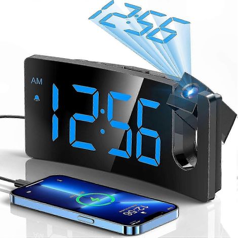 Réveil à projection numérique avec projecteur rotatif à 180° et contrôle de luminosité à 3 niveaux, avec projection numérique bleue. (1/5)