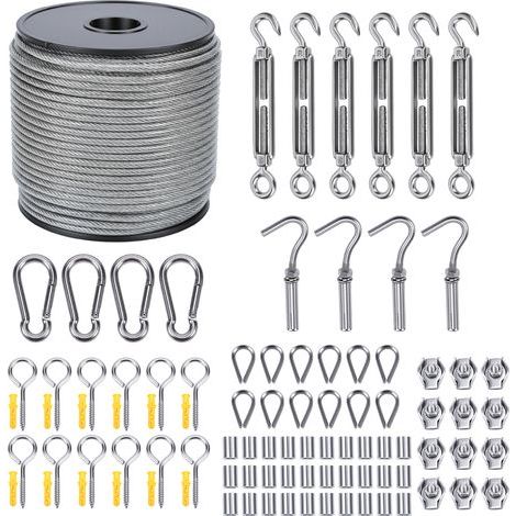 Kit Fil de Fer de Jardin et Tendeurs M5-50m de Câble en Acier Inoxydable - Support Inox - Crochet et Tendeur Serre Cable - Kit Treillis Plante Grimpante Exterieur