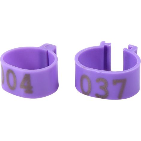 100 anillas de plástico numeradas (moradas) de 16 mm (001-100) para aves de corral (pollos, patos, gansos). (1/3)