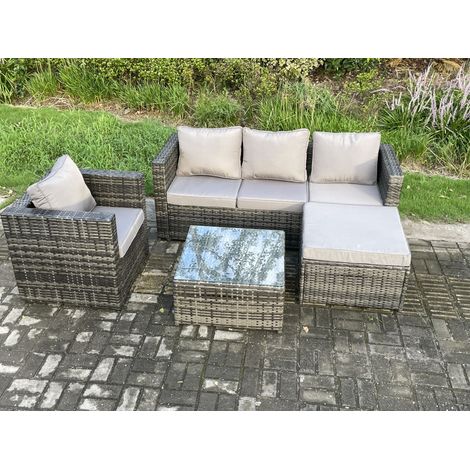 Fimous Salon de jardin en rotin avec Fauteuil Table basse carrée grand tabouret Mélange gris foncé (1/5)