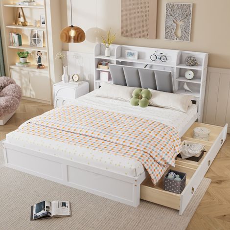 Letto adulti 160x200 cm con 3 cassetti, ripiani aperti e vano portaoggetti, in legno, senza materasso, bianco (1/5)