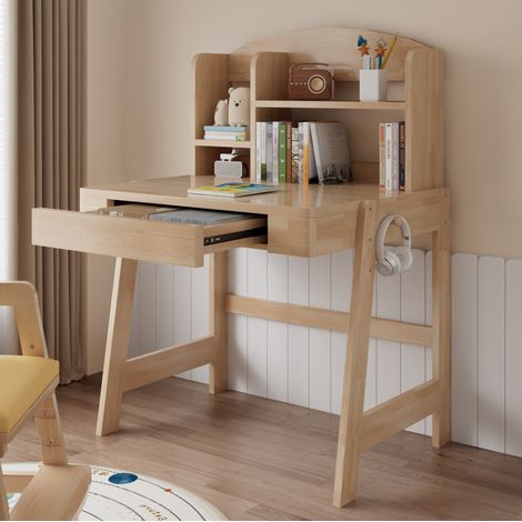 Bureau enfant en bois massif, réglable en hauteur, finition naturelle, avec tiroir et rangement, 88,2 cm (1/5)