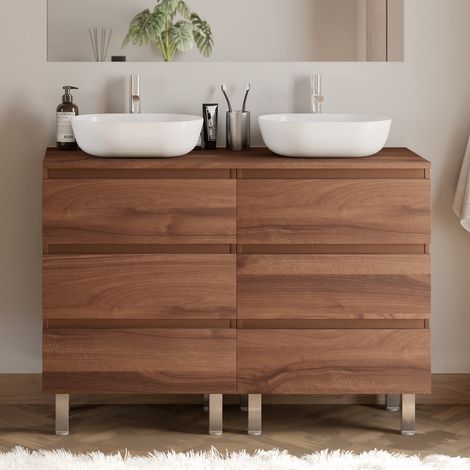Meuble de salle de bain 120cm avec plateau et 2 vasques à poser arrondies - 6 tiroirs - sans miroir - noyer (bois foncé) - MAYOR