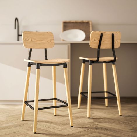 Ensemble de 2 tabourets bar avec dossier, chaises de bar pour le bar à domicile, îlot de cuisine, salle à manger, bois, métal, marron clair