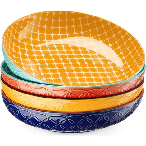 Bols à Pâtes Lot de 4, Ø 21.5cm Grands Assiette Creuse, Bols en Porcelaine pour Salade, Soupe, Flocons d'Avoine, Convient à Micro-ondes et Lave-vaisselle, Couleurs Vives (1/5)