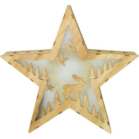 Weihnachtsstern Leuchtstern Dekoleuchte Adventsstern Holzstern Weihnachtsdekoration Wohnzimmer, Sperrholz Natur Rentier Motiv, 10x LED 0,06 Watt warmweiß, HxLxB 30x31,5x6 cm (1/5)