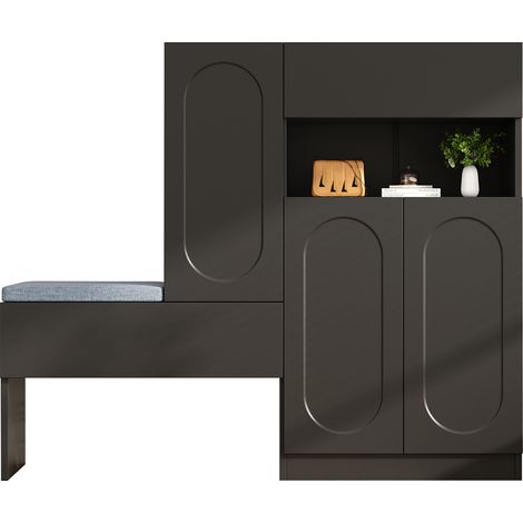 CHICFURN Meuble à chaussures 2-en-1 noir avec banc, portes rainurées sans poignée, fermeture douce, étagères réglables et rangement ouvert pour entrée moderne (1/5)