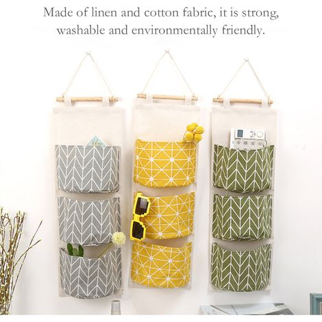 Sac de rangement suspendu à 3 poches, organisateur de placard suspendu en lin et coton imperméable pour chambre, salle de bain et cuisine (1/5)