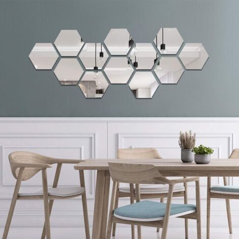 12 pegatinas de pared acrílicas para espejo, para decoración de sala de estar y dormitorio, 17,7 cm x 15,3 cm (hexágono, plateadas). (1/4)