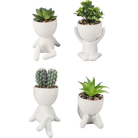 Lot de 4 pots de fleurs artificiels en forme humaine, mignons, en céramique et plastique, pour plantes succulentes décoratives et pratiques. (1/5)
