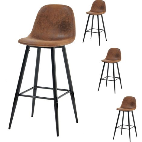 Meuble Cosy Lot de 4 Tabouret de Bar Rétro Vintage avec Dossier et Repose-Pieds, Sièges Rembourrés, Style Industriel, Chaises Hautes en suédine Marron, 49x42.5x103.5cm (1/5)