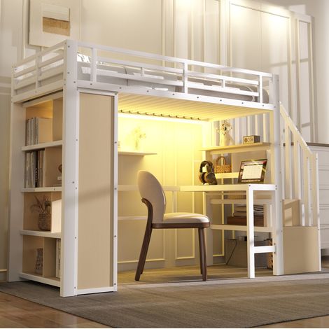 REDOM - Lit mezzanine 90x200 cm avec bureau, rangements, éclairage LED, métal et MDF, blanc (Sans matelas) (1/5)