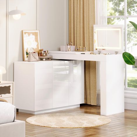 MEUBLIV Tocador de esquina 100x40x80 cm blanco – LED, almacenamiento, escritorio (1/5)