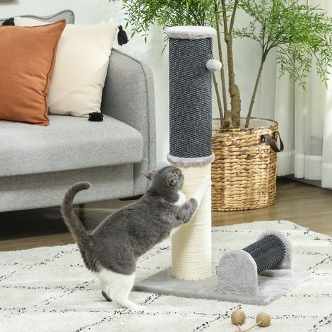 Griffoir Chat Sisal Brosse Auto-toilettante Balle Jouet Crème Animaux Compagnie Gris 40x48x85cm (1/4)