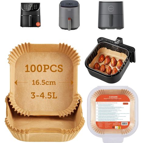 COSORI Carta Forno Per Friggitrice Ad Aria 100 Pezzi, Teglie Per Friggitrice Ad Aria 3-4.5L Quadrati, Antigrasso Antiaderente Fodera in Carta Monouso per Air Fryer, Forno, Padelle, Microonde (16cm) (1/4)
