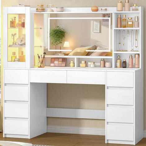140 cm Coiffeuse avec Miroir Haute Définition, Coiffeuse avec éclairage RGB, 10 Tiroirs, 9 étagères de Rangement, Idéale pour Les Chambres et Les Bureaux, Style Minimaliste, Blanc