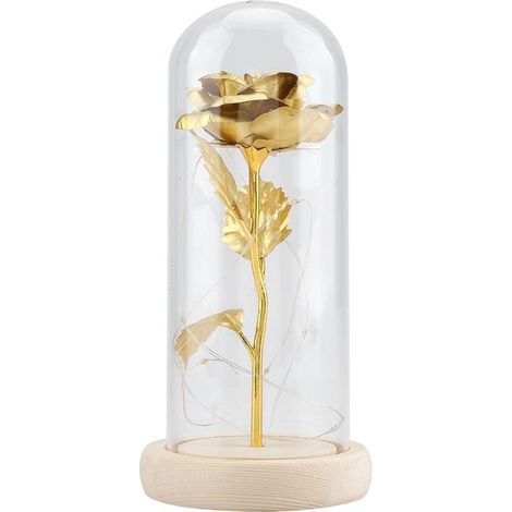 Flor de rosa preservada con luz LED, cubierta de cristal, base de madera, ideal para bodas de San Valentín, color dorado. (1/5)