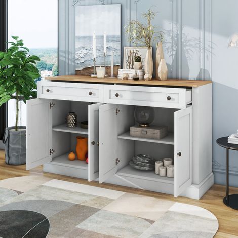 Credenza 150x40x46 cm, 3 ante, 2 cassetti, ripiani regolabili, maniglie in metallo, truciolare, colore naturale (1/5)