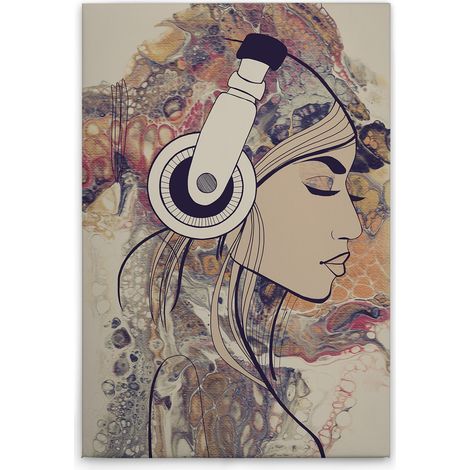 Leinwandbild Frau mit Kopfhöhrern M1-No.50782 - Kunstdruck auf Leinwand in Bunt Creme - Wandbild 60 x 90 cm (1/5)