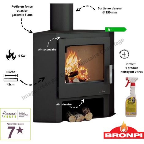 Bronpi – Poêle à bois d'angle 9 kW – Rendement 80 % – Longueur de bûches 43 cm – Sortie fumées 150 mm – Flamme Verte 7 étoiles (1/5)