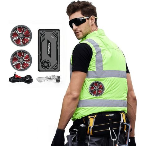 Gilet rafraîchissant 12V Vert Fluorescent Taille 180/XXL Kit Complet avec Alimentation et Ventilateur pour Travaux Extérieurs