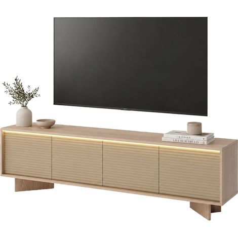 Mobile Porta tv Kame, un Ripiano, 4 Ante, Ante Effetto Rigato con led, 204x40x54h cm Marrone Rovere