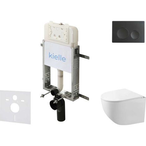 kielle Genesis New - Set bâti support, WC compact Gaia, sans rebord, abattant softclose et bouton-poussoir Gemini New I, noir mat 30528SZ84 (1/5)