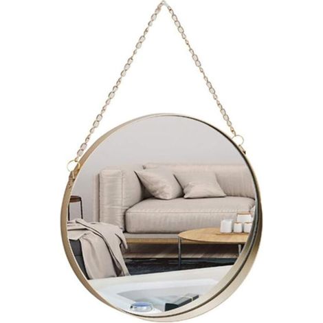 Miroir Suspendu, 25x25 cm Miroir de Maquillage de Salle de Bain Rond Cadre en Laiton avec Chaîne (1/5)