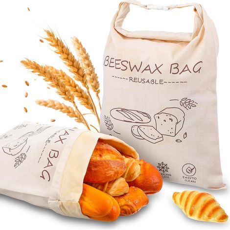Confezione da 2 sacchetti riutilizzabili in cera d'api da 33x43 cm, sacchetti per alimenti in lino XL, adatti per pane a lievitazione naturale e pane fatto in casa, congelabili, ecologici. (1/5)