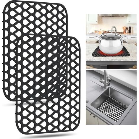 Lot de 2 tapis de protection en silicone pour évier, 34,5 x 29 cm, antidérapants, adaptés aux éviers anciens, en acier inoxydable et en céramique (noir) (1/4)