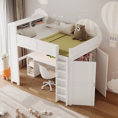 Cama alta 90x200 cm blanca, con escritorio, 3 armarios, cajones, USB y LED, estructura de pino, sin colchón (1/5)
