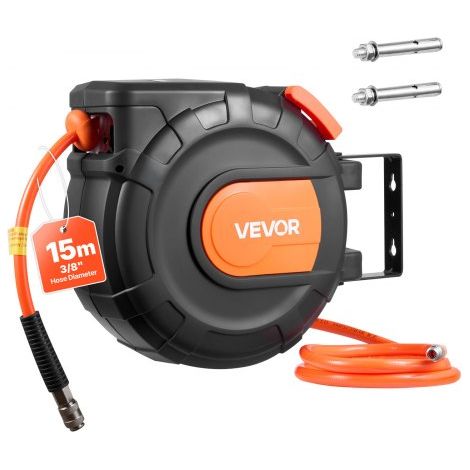 Carrete de Manguera de Aire Retráctil 15 m x 9,5 mm, Manguera para Compresor de Aire Presión Máxima de 300 PSI, con Entrada de 1 m, Montaje en Techo o Pared Giratorio de 180°, para Garaje (1/5)