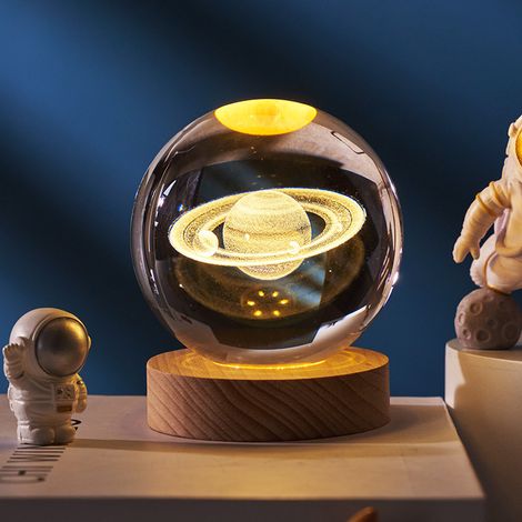 Lampe Décorative Veilleuse Boule De Cristal 3d, Système Solaire Planètes, Boule De Cristal Avec Base, Sphère Décoration De Table Artisanat (Saturn)