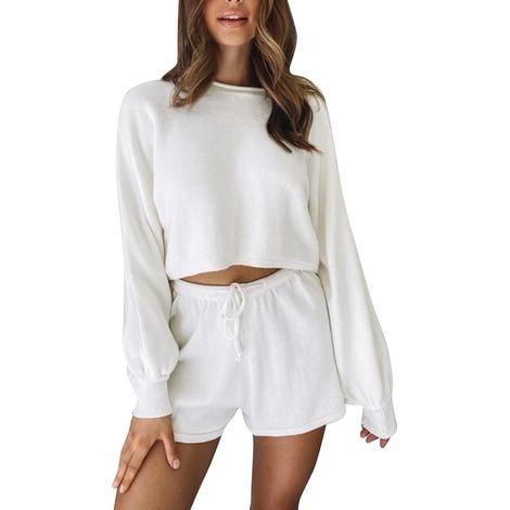 Survêtement Femme - Haut À Manches Bouffantes Et Pantalon À Taille Élastique Avec Cordon - Blanc - Taille M (1/5)