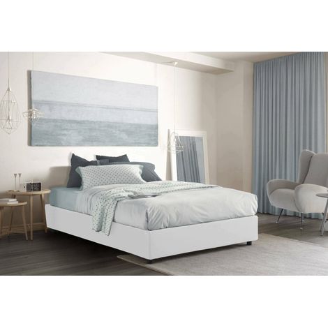 Dmora - Cama matrimonial Dcistan, Cama contenedor con revestimiento de tela, 100% Made in Italy, Apertura frontal, adecuado para colchón 160x190 cm, Blanco (1/4)
