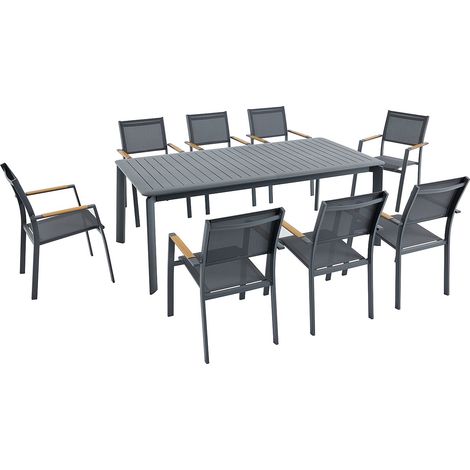 Sala da pranzo da giardino in alluminio: tavolo allungabile L.205/286.5 cm e 8 poltrone impilabili Antracite - MACILA di MYLIA