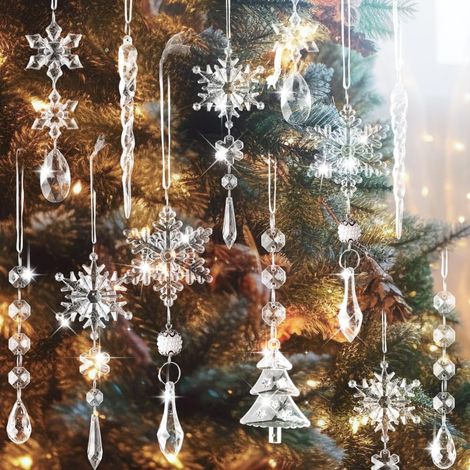 18-teiliger Kristall-Weihnachtsbaumschmuck, Acryl-Schneeflocken-Eiszapfen-Anhänger, Winterliche Weihnachtsbaumdekoration für drinnen und draußen, Transparent (1/5)