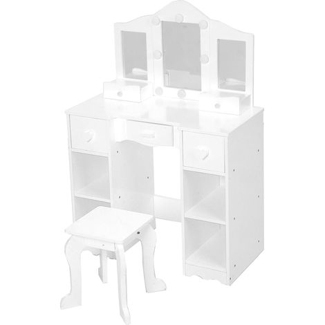 Coiffeuse de Princesse 2-en-1 avec Miroir Triple Pliable - Tabouret et Tiroir Inclus - Idéal pour le Jeu de Maquillage-Blanc (1/5)