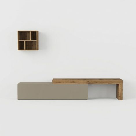 Mueble de salón con panel para TV y librería Chronos n°16 - Gris paloma (1/5)