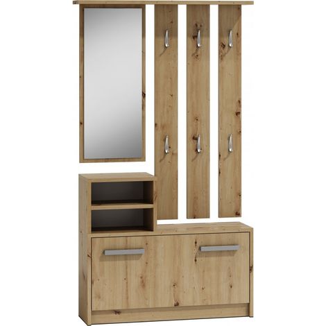 VITTORIA - Mueble recibidor moderno 6 ganchos + espejo + zapatero - 180x85x24 - guardarropa - imitación madera (1/5)