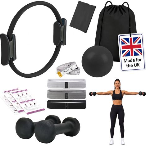 Relaxdays Pilates Set, 11-piece, ring, ball, 4 resistance bands, 2 dumbbells, bag, home Pilates kit, black