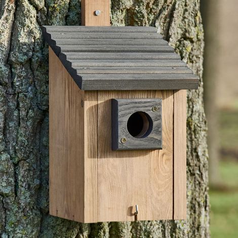 Mangeoire oiseaux extérieur à suspendre pour oiseaux sauvages en bois massif toit pente gris (1/5)