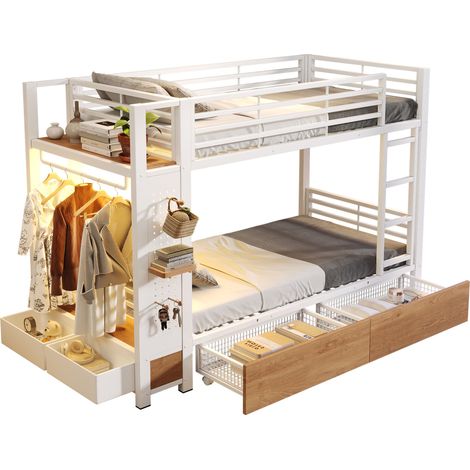 Lit mezzanine 90x200 blanc en métal avec rangement, tiroirs, penderie, étagères, LED, certifié EN747 (1/4)
