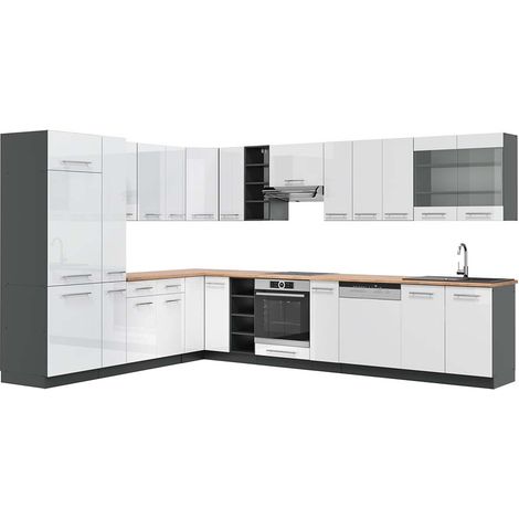 Cuisine en angle Fame-Line, Blanc brillant/Anthracite, 347 x 257 cm , PT Chêne, Vicco