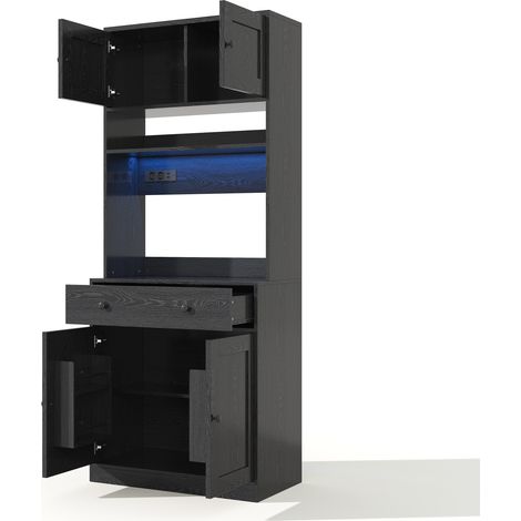 Küchenvorratsschrank 180 cm mit LED, Steckdose, Gewürzregal und großer Schublade, MDF schwarz (1/5)