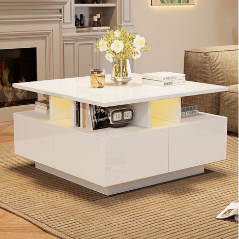 Table basse carrée 70 x 70 x 40 cm à LED, 4 tiroirs, finition brillante blanche, REDOM (1/5)